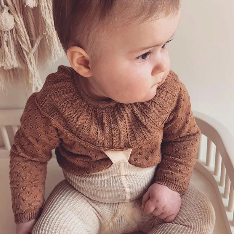 Spring Autumn New Baby Solid Sweater Newborn Girl Ruffle Collar Tops Girls Hollow Sweater Baby Boy Knitted Bottoming Sweater