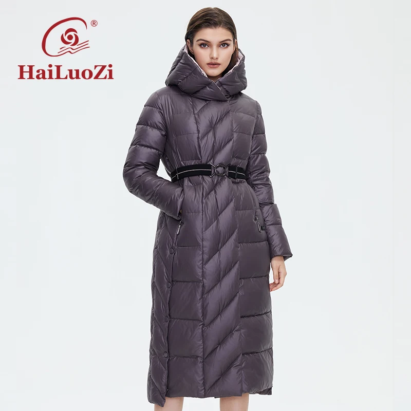 HaiLuoZi Damen-Winterjacke, modisch, lang, knielang, dick, Damenmantel mit Kapuze, schlankes Spleißen, diagonaler Gürtel, Baumwollparkas 6037