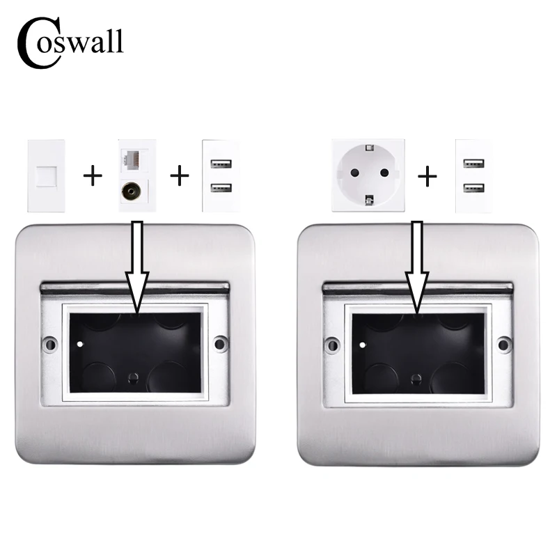 Coswall Stainless Steel Cover Hidden EU UK US Wall / Table / Floor Socket USB Type-C Fast Charger CAT6 Internet HDMI-compatible