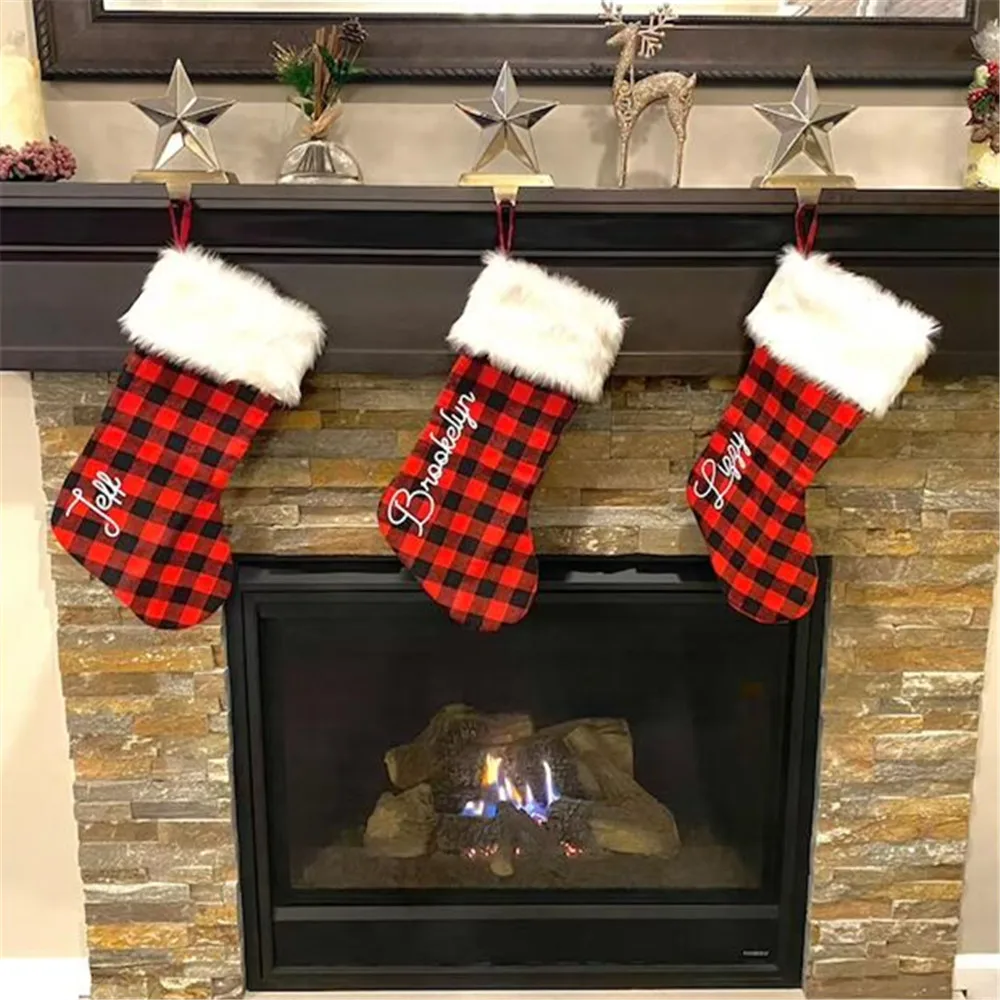 Personalized Christmas Stockings Family Red and Black Plaid Holiday Stocking Christmas Decoration Custom Name New Year Gifts