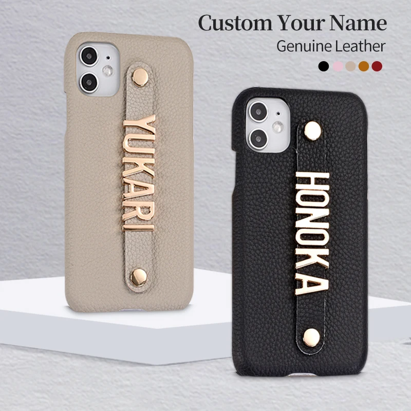 Personalization Name Pebble Grain Genuine Leather Phone Case Holding Strap Metal iPhone16 15 13 14Pro Max 14 16Plus 13Pro Max