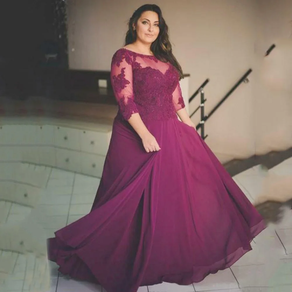 

Purple Plus Size Wedding Guest Gowns Evening Party Dresses Scoop Neck 3/4 Sleeves Chiffon Long Mother of The Bride Dress