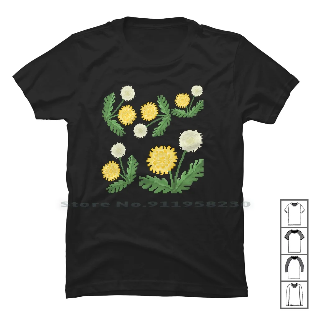 Pixelated Dandelion T Shirt 100% Cotton Pixelated Dandelion Flowers Yellow Nature Flower Pixel Ture Ring Lion Late Elio