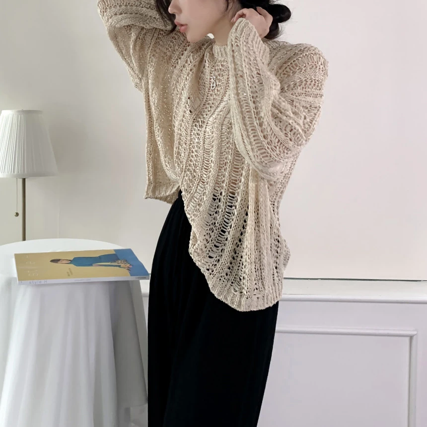 2023 New Spring Summer Thin Knitted Pullovers Tops Fashion Women Blue O Neck Hollow Out Female Lazy Chic Loose Sweaters Knitwear