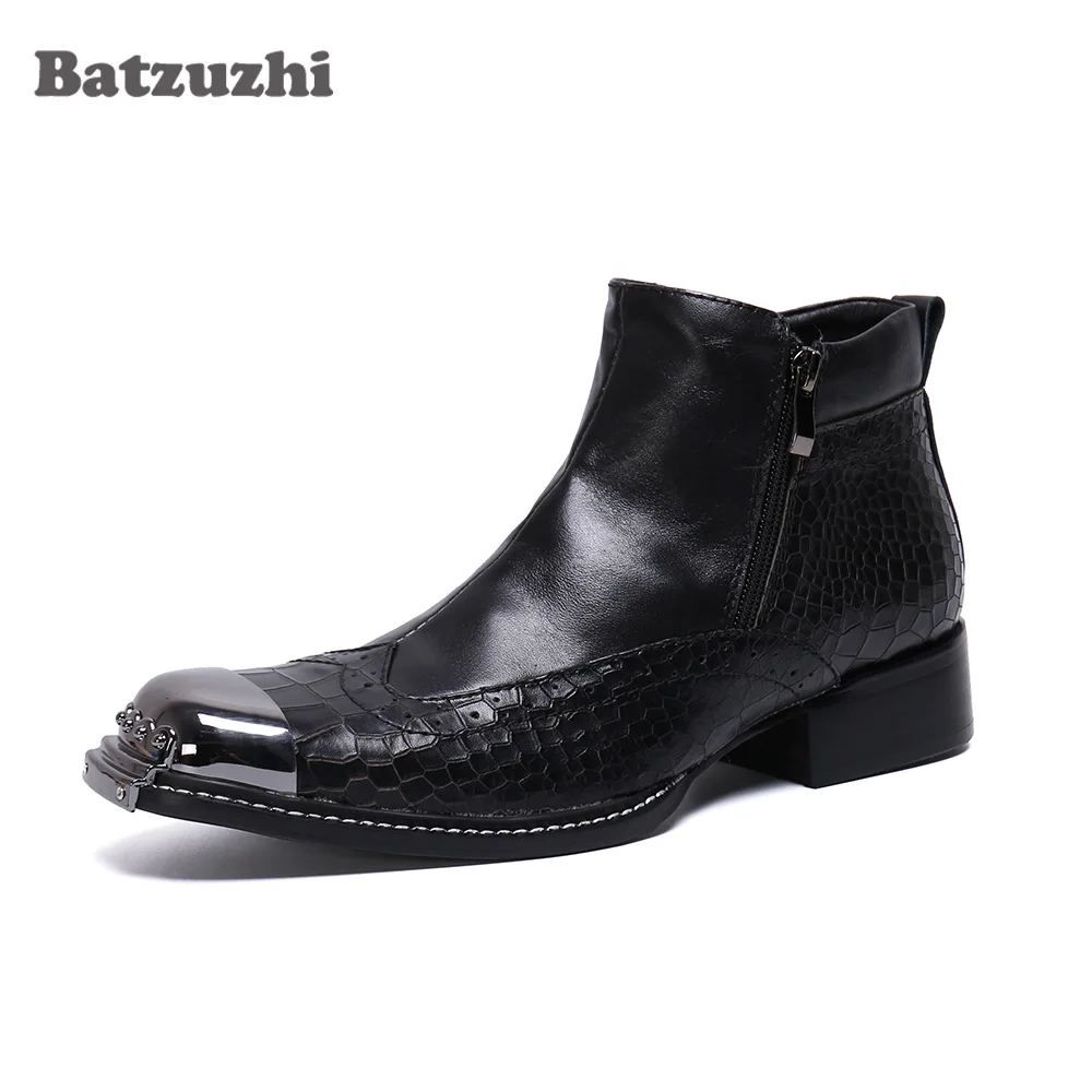 Batzuzhi zapatos de hombre Fashion Black Genuine Leather Short Boots Zip Italy Type Handmade Business Dress Boots, 38-46