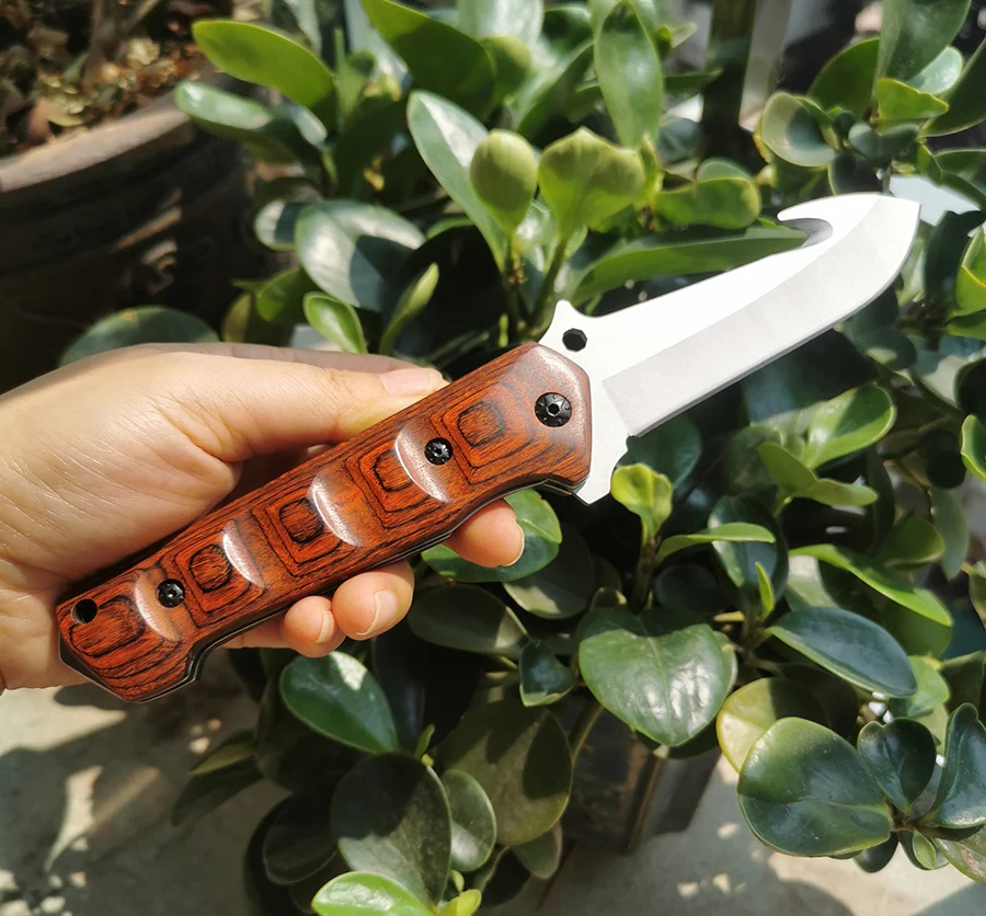 

Folding knife New style The red wood handle with the Hook blade Pure manual carbon steel knife outdoor tools self-defense knife