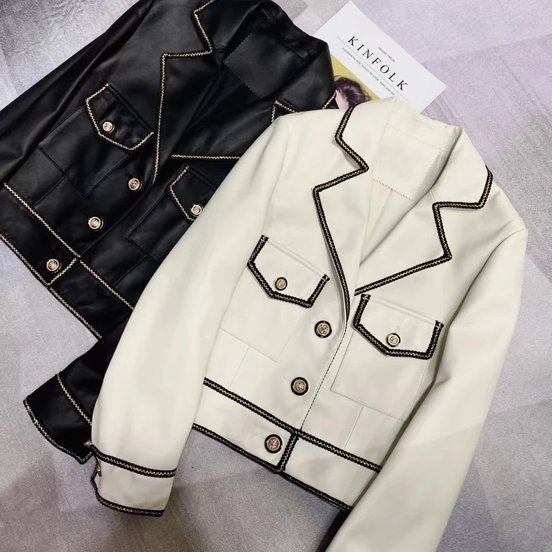 Spring And Autumn 2024 New Arrival Short Length Women Coat Real Sheepskin Jacket Turn-Down Collar Striped Decoration