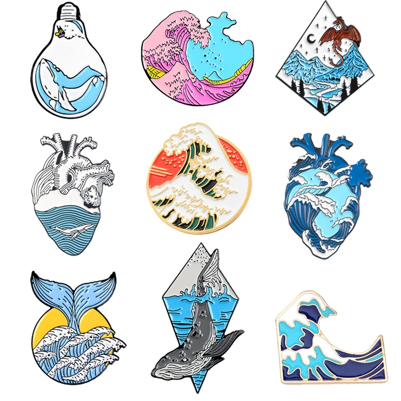 Blue sea waves Heart Enamel Pin Snow mountain dragon Whale Bag sunset Pin Ocean Wave Badge Whale Jewelry Gift for Kids Friends