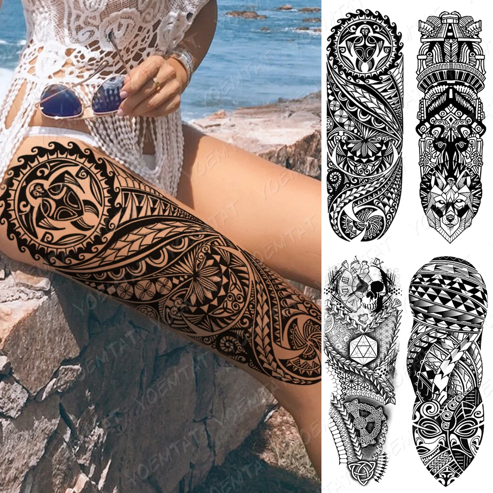 

Waterproof Temporary Full Arm Tattoo Sticker Maori Totem Skull Tribal Adult Flash Tattoos Female Body Art Fake Sleeve Tatto Male