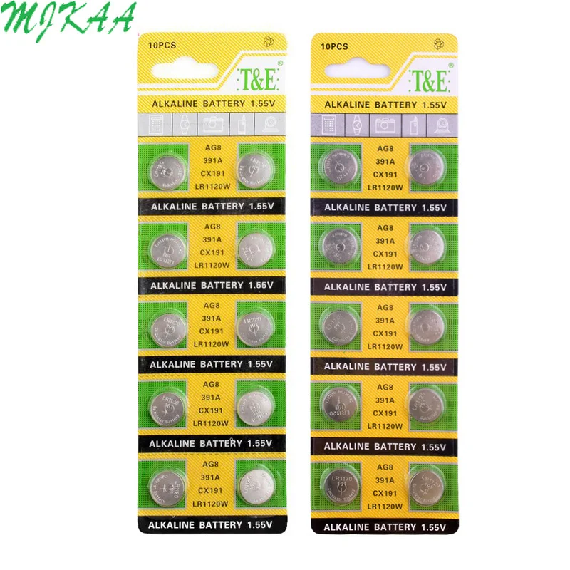 10pcs/pack AG8 LR1120 391 SR1120 Button Batteries 191 LR55 Cell Coin Alkaline Battery 1.55V LR1120W CX191 For Watch Toys Remote