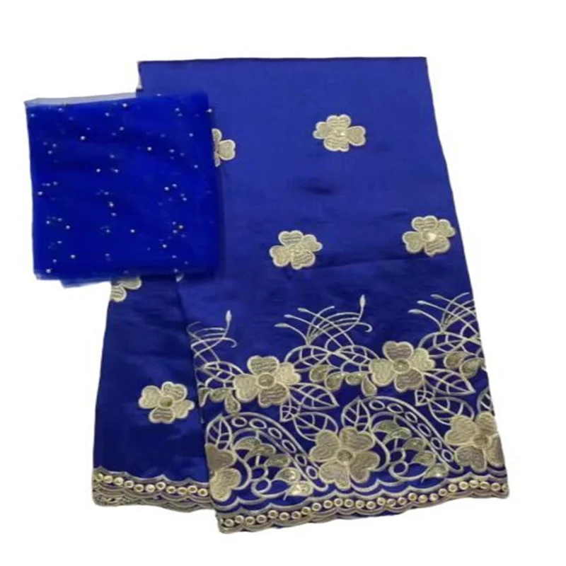 

African George Fabric High Quality Indian Raw Silk George Wrappers Hot Nigerian Lace Fabrics Set with Blouse for Wedding blue