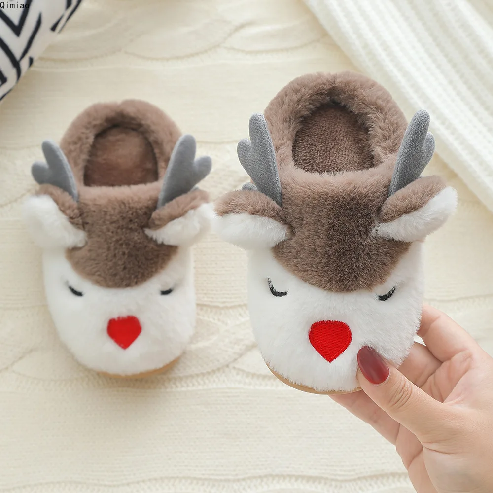 Winter Parent-child Indoor Home Slippers Children\'s Adult Cotton Shoes Warm Cute Christmas Antlers Girls Boys Baby Toddler Shoes