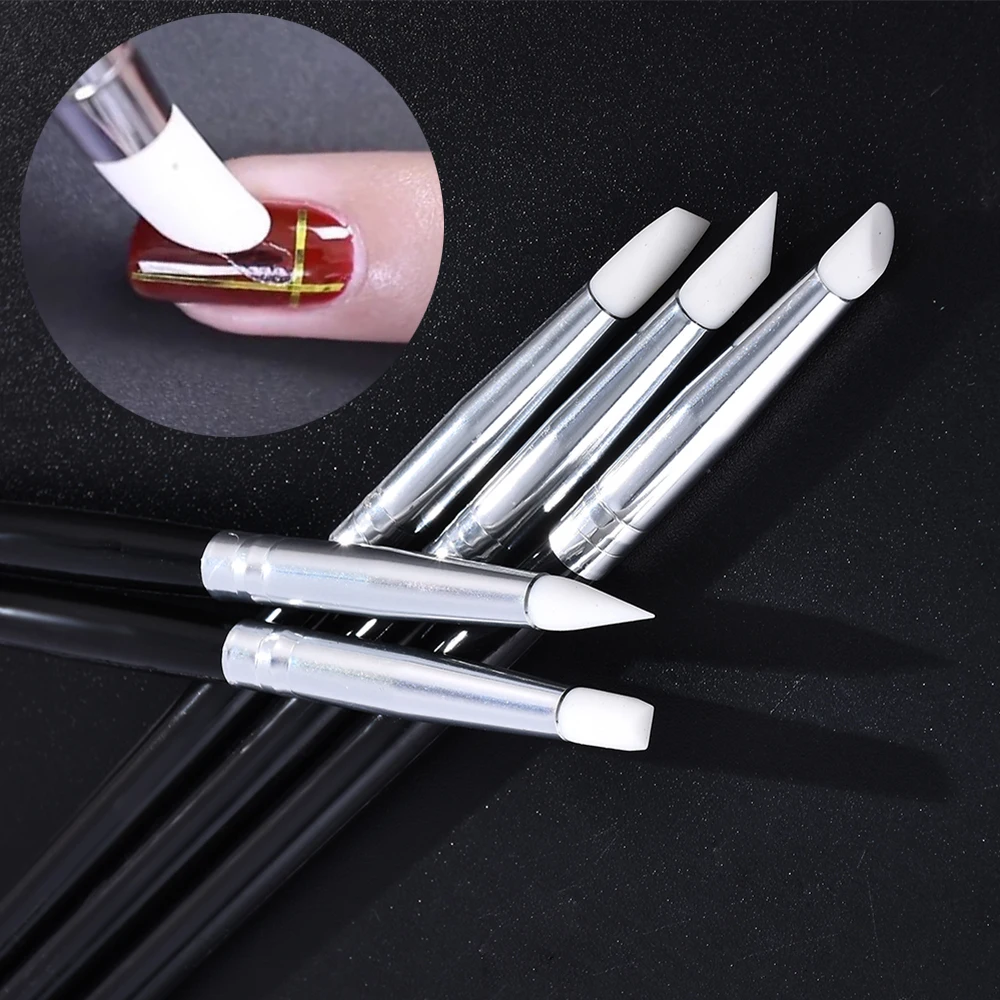 5Pcs Black Rod Silicone Pen For Painting Wooden Handle Nail Art Manicure Pencil Nail Art Brush Accessories for Nail DIY Tools