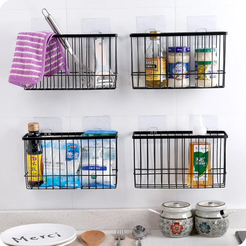 

Iron Kitchen Storage Basket Sundries Wall Organizer Rack Kitchen Seasoning Hanging Basket Bathroom Shelf Desktop Storage Basket