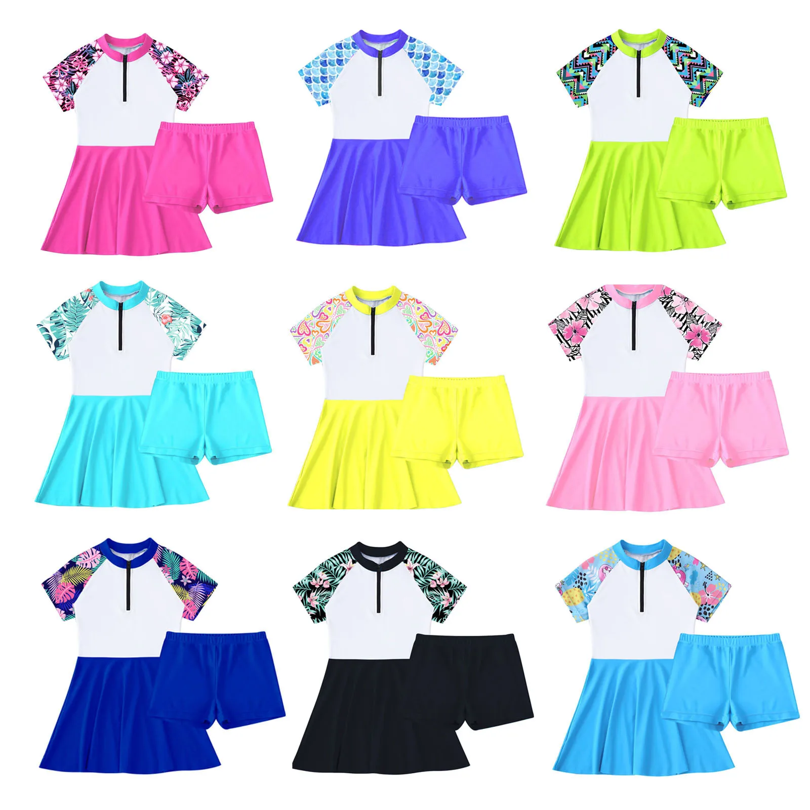 Fato de banho de 2 peças para meninas, gola, mangas curtas, zíper frontal, vestido de banho com fundo, roupa de banho infantil