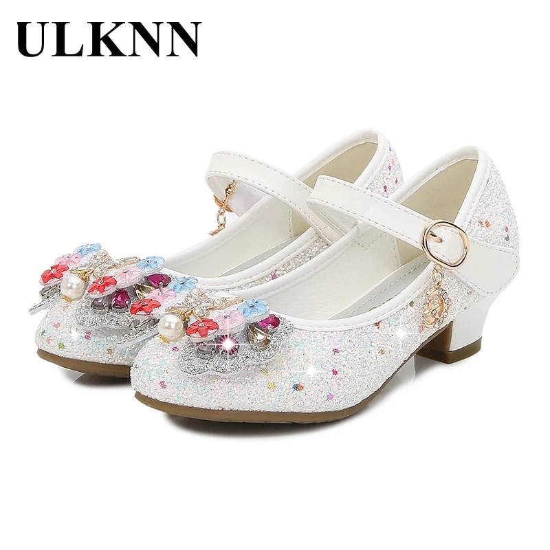 

ULKNN Kids Leather Shoes Girls Flower Casual Glitter Children High Heel Summer Sandals Butterfly Knot Party Dress