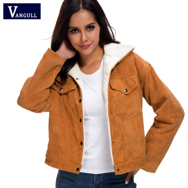 Vangull Winter New Women Corduroy Jackets Single Breasted Thicken Coat Female Casual Solid Long Sleeve Velvet Lamb Outerwear