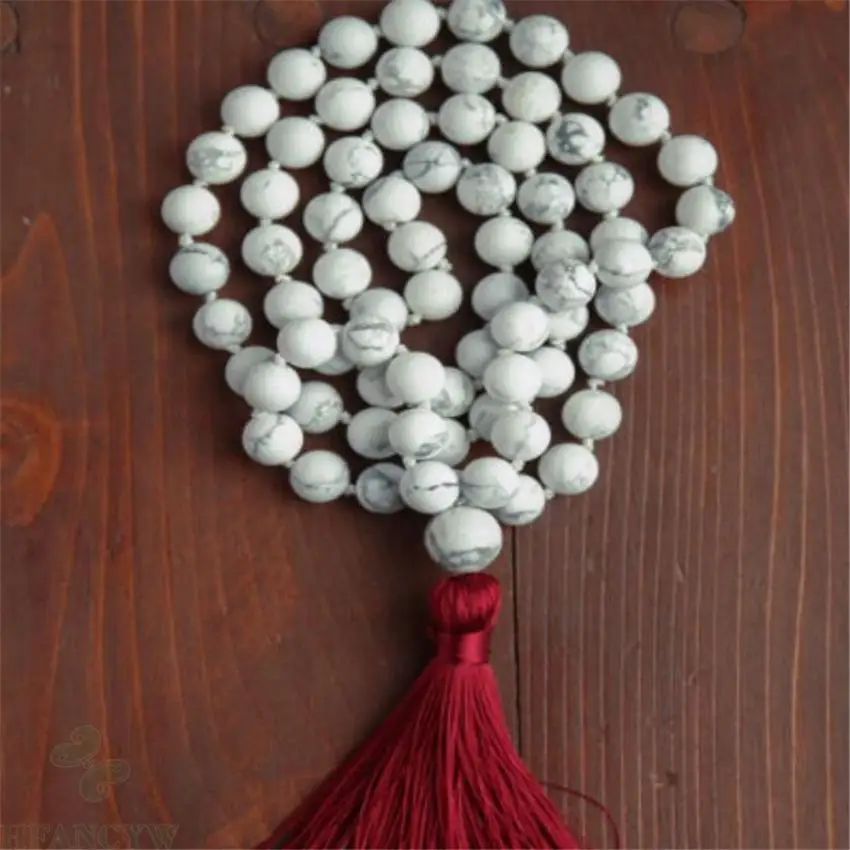 

Цепочка Из Драгоценных Камней Howlite Mala, 10 мм, 108, браслет с бусинами и кисточками, блестящее ожерелье-манжета, популярное,