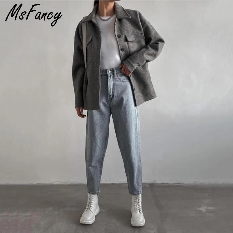 Msfancy Gray Shirt Jacket Women Harajuru Style Pockets Casual Coat Mujer 2022 Spring Single Breasted Warm Outwear