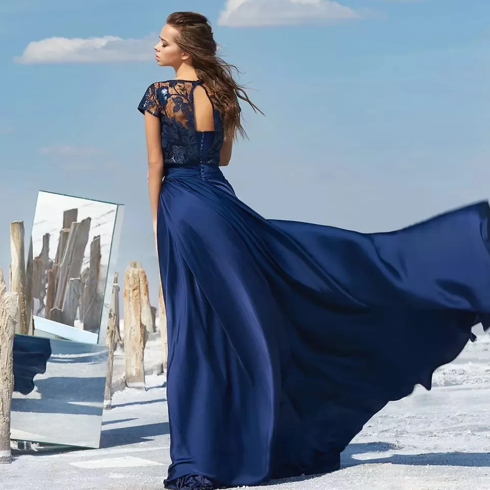 Elegante vestido de noche azul marino para mujer, prenda de satén con apliques de encaje y cuello redondo, con espalda abierta, 2022