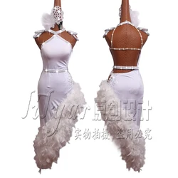 New Latin Dress Dance Dress Competition Dress Skirt Decoration Latin Dance Costumes Skirtes White Feather Sexy A- line Embroider