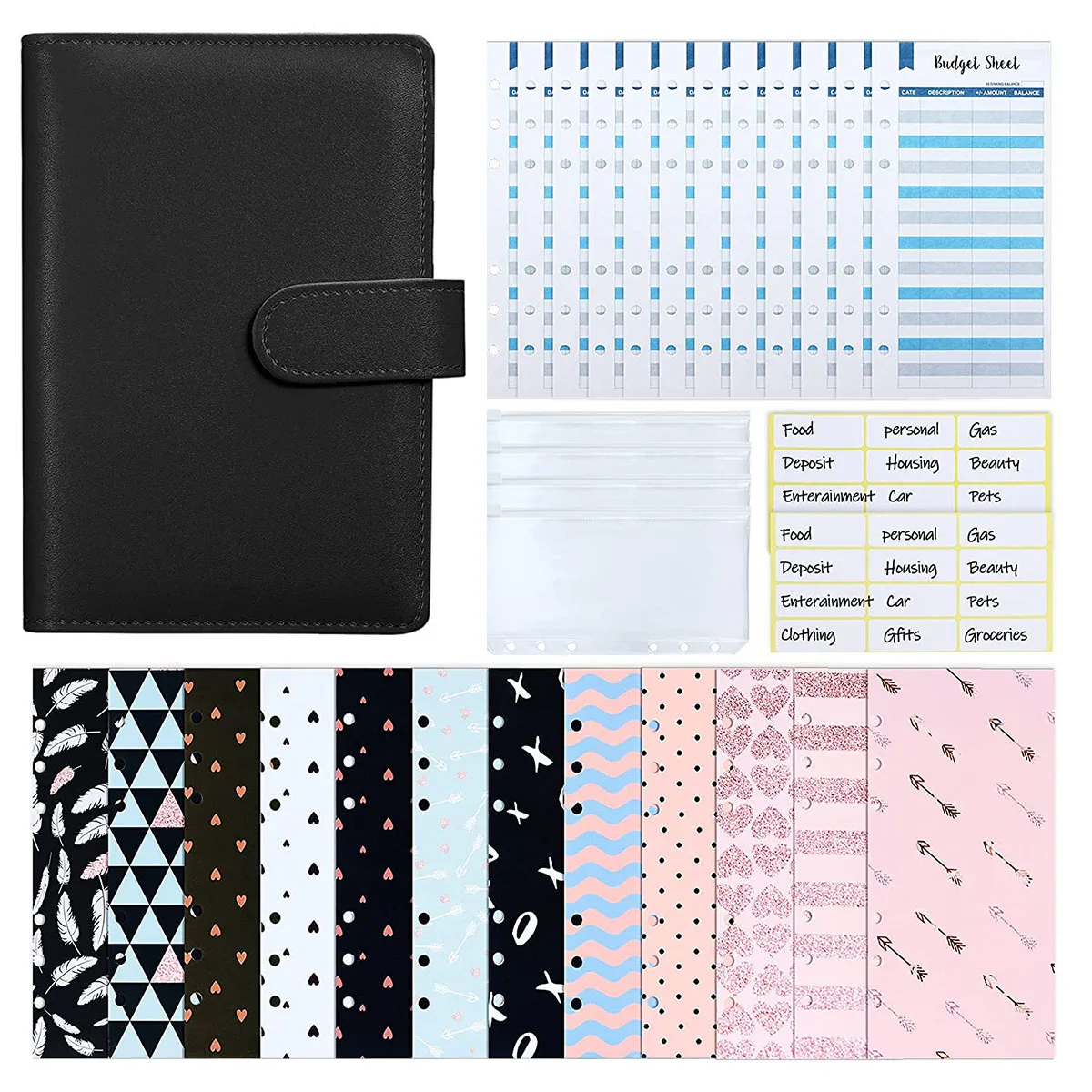 31 Pieces PU Leather Budget Binder Cash Envelope System with 12PCS Budget Money Envelopes and Expense Sheets, 4 Binder Pockets