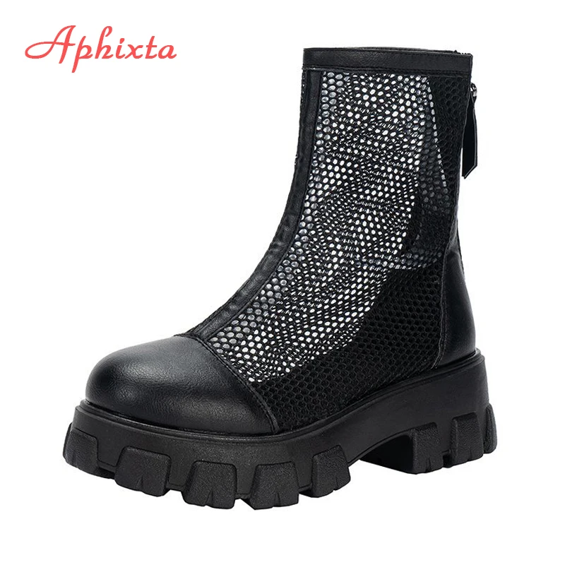 Aphixta Plus Big Size 42 43 Summer Breathable Platform Boots Lace-up 6cm Thick Sole Women Back Zipper Height Increasing Boots