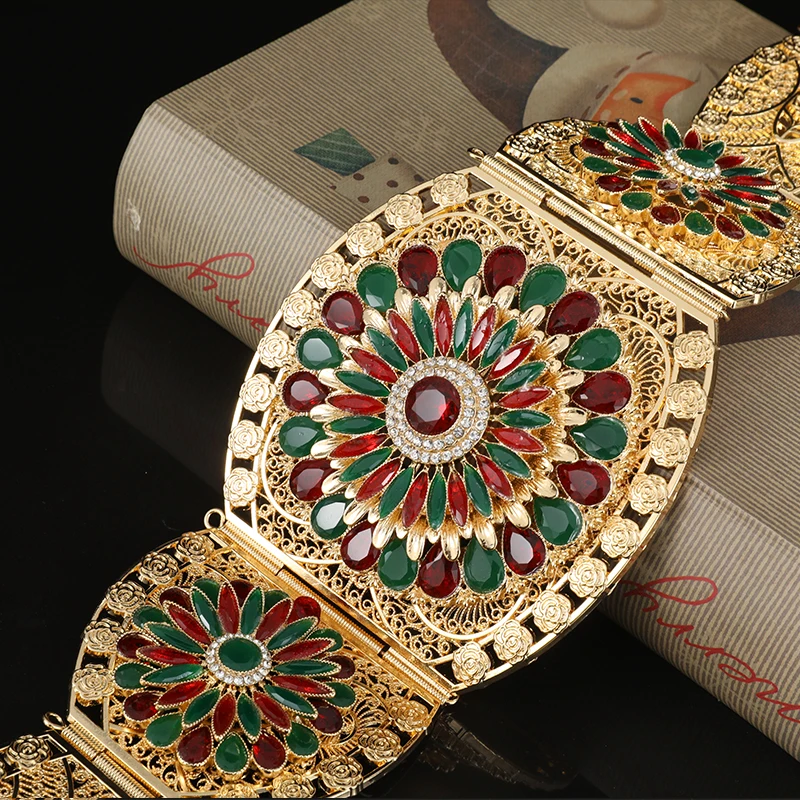 Moroccan Style Big Belt - Rhinestones Embellished With Gold Color Aristocratic Round Hollow Crystal Floral Waist Chain