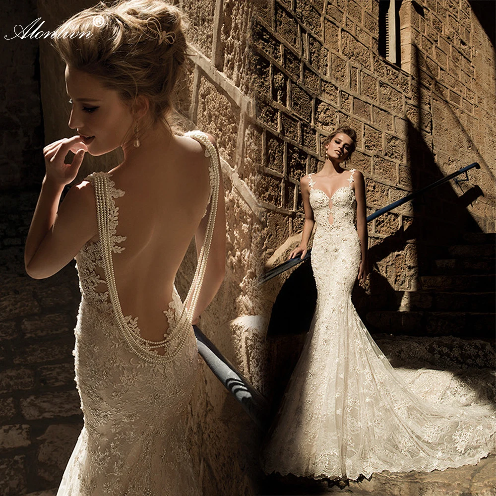 Alonlivn Custom Made Drop Beads Pearls Backless Mermaid Wedding Dress Illusion Back Spaghetti Straps Bride Gown