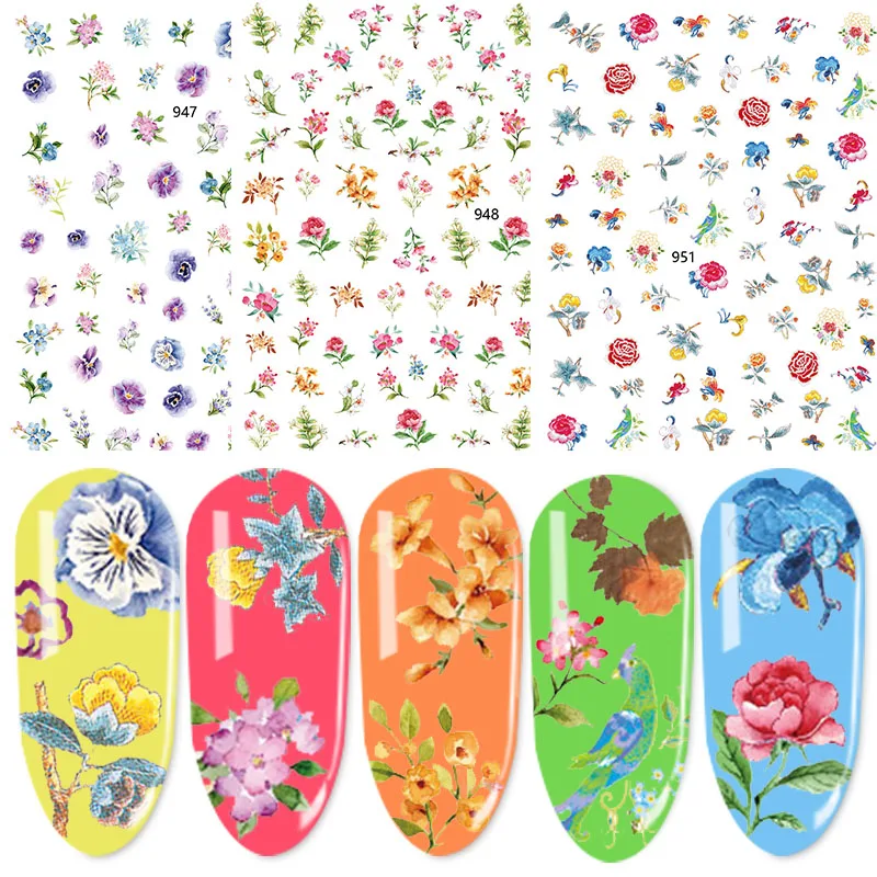 

1 Sheet 3D Flower Nail Sticker Adhesive Plants/Florals Nail Transfer Colorful Sticker Decals For Nail Art Decoration Nail Tips