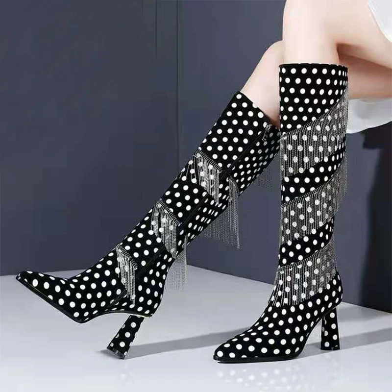 

Women's High Boots Rhinestone Tassel Pointed Thick Heel Knee High Boots Black Women's Shoes 2021 Autumn New Boots Botas De Mujer