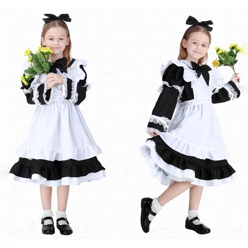Kinderen Meisjes Meid Kostuum Blauwe Feestjurk Kind Bruid Meid Jurken Lolita Cosplay Kostuum Halloween