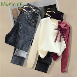 Autumn Pants Suit Women 2024 New Bow-knot Shirt Top All-match Jeans Two-piece Korean Fashion Elegant Blouse Denim Trousers Set