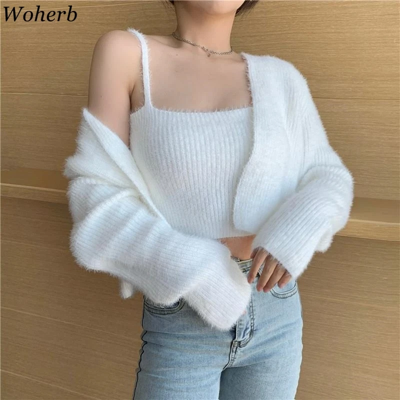 Woherb Women Mohair Two Piece Set Korean Spring Autumn Crop Tank Strap Vest + Thin Long Sleeve Knitted Cardigan Pull 2024 Chic