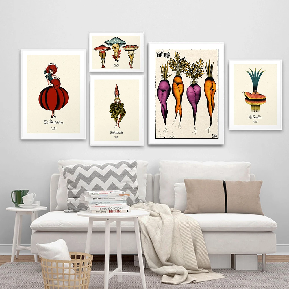 Sexy Carrots Onion Tomato Celery Lady Canvas Poster Abstract Botanical Tattoo Flash Prints Painting Retro Funny Kitchen Decor