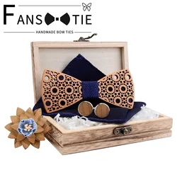 New Design 100% Wooden Hollow Wood Bow Ties Bowtie With Pocket Square Cufflinks Brooch For Men Christmas Gift Set With Box Ties