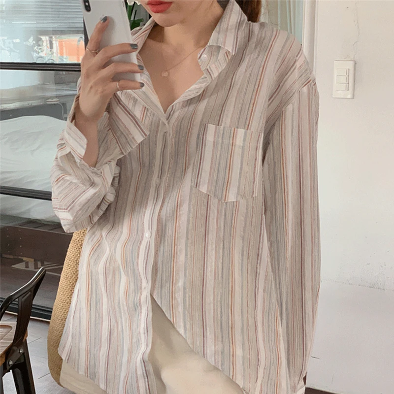 BL3532 New 2023 Fashionable Oversized Single Breasted Shirts Striped Vintage Minimalist Summer Autumn Women\'s Blouses Wild Tops