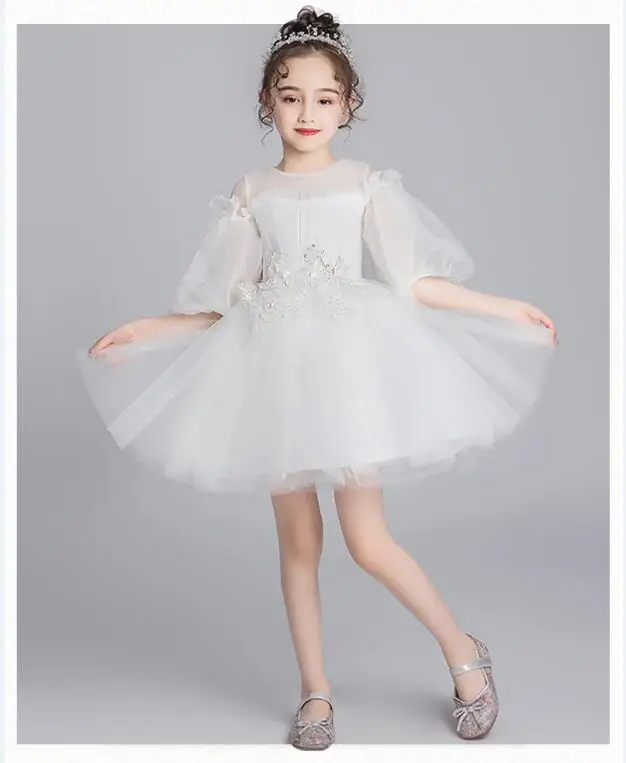 White Tulle Embroidery Flower Princess Girl Dress Half Sleeve Wedding Birthday Party Dress Toddler Girls Pageant Communion Gowns