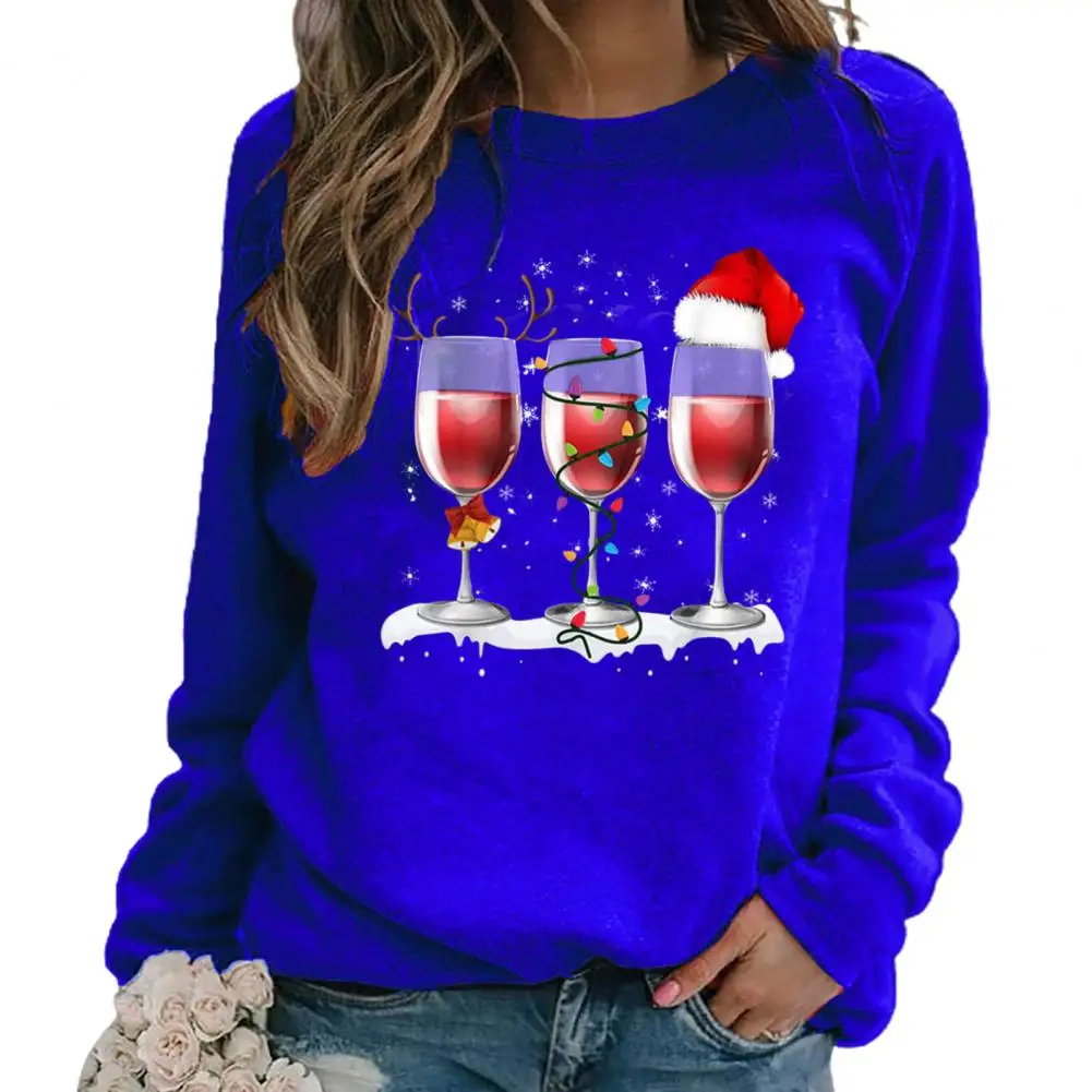 Feminino natal manga comprida wineglass impressão outono inverno blusa moletom