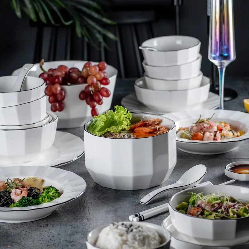 

Ceramic Bowls Set Simple Dishes Tableware Hotel Ceramic Noodle Soup Bowl of Instant Noodles Bone China Tableware