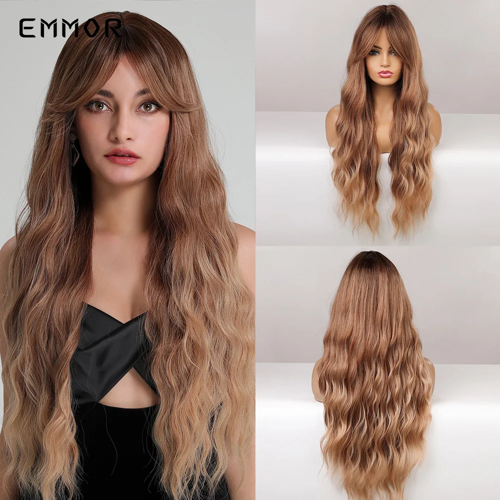 Emmor Long Body Wave Hair Wig Ombre Brown Blonde Synthetic Water Wavy Wigs With Bangs dla kobiet Naturalna peruka termoodporna