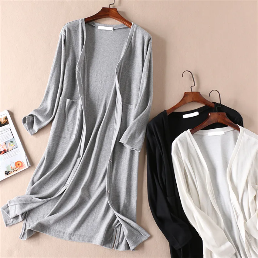 

New Fashion Spring Women Midi-Long Cardigan Blouses Thin Thread Cotton Knitted Blousas Sun Protection Coat Lady Beach Shirt 1689