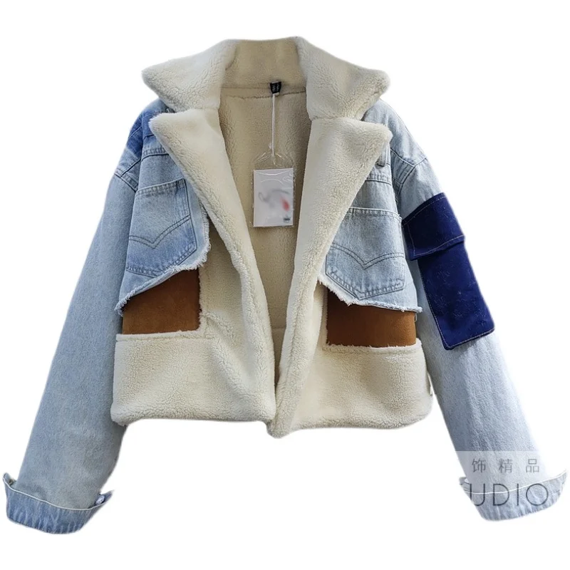 2021 Winter Denim Jackets Women Suede Spliced Fashion Lapel Loose Jeans Jacket Thick Warm Lambswool Short Plush Coat Female