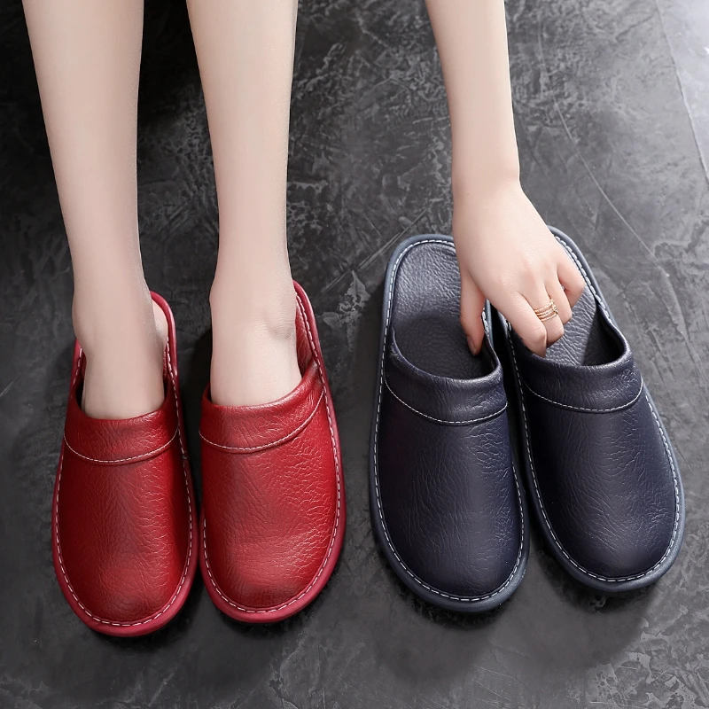 Unisex Spring Home Leather Slippers Men Size 47 48 Precision Stitching 2021 Classic Indoor Slippers Man Women Fur Leather Shoes