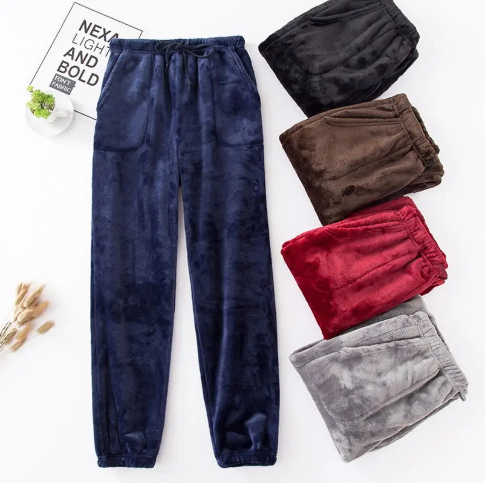 

Winter Thick Men's Flannel Pajama Pants Close-up leg High Waist Loose Coral Fleece Warm Home Trousers