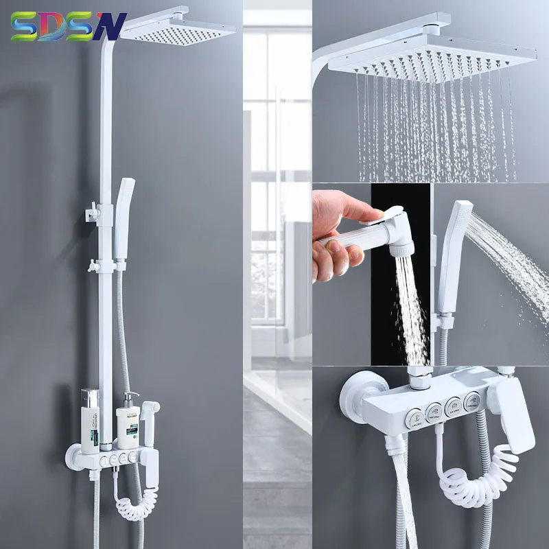 

White Bathroom Shower Set Newly Arrived Brass Bathtub Shower Faucet 8 Inch Rain Shower Head Hot Cold White Chrome Shower System