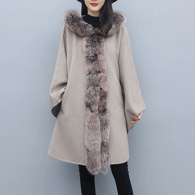 

Autumn Winter High Quality Woolen Cloth Shawl Cape Poncho Hooded Women Mid-length Korean Sleeveless Cashmere Ladies Cape Coats