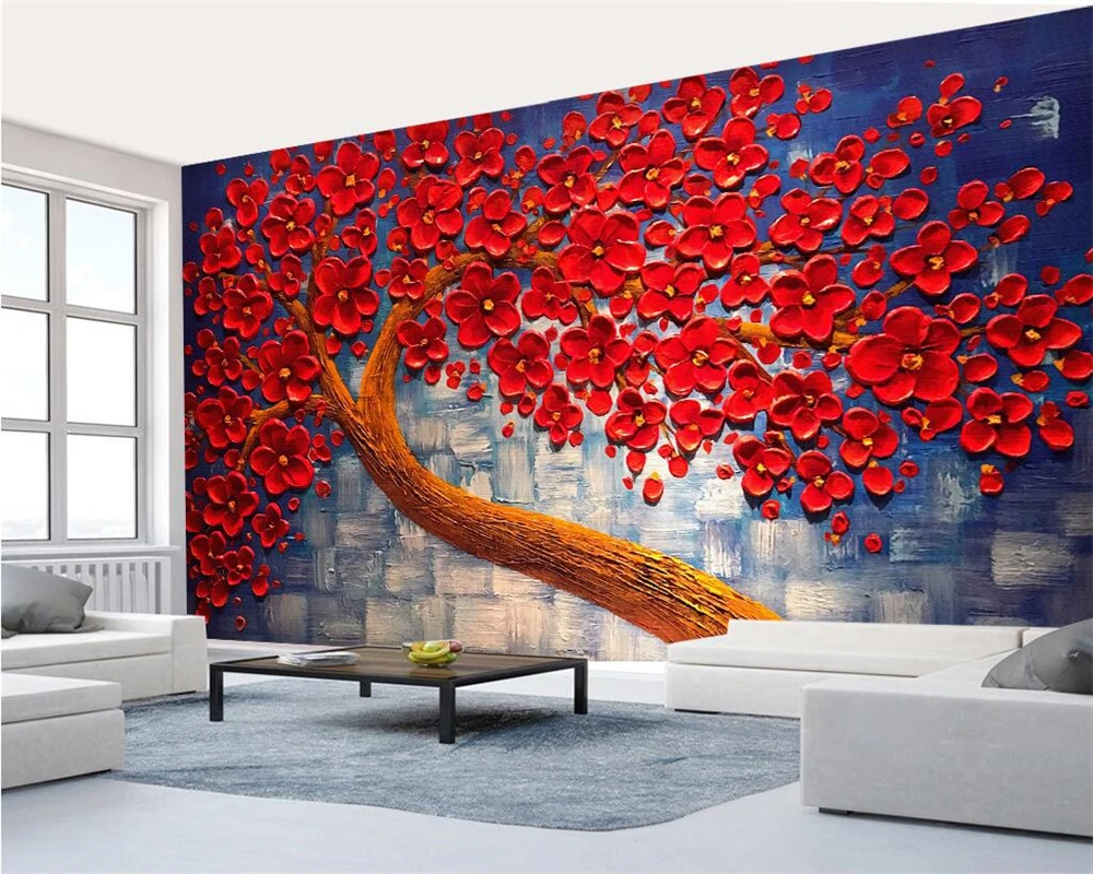 

wellyu Custom Wallpaper Home Decorative Murals Red Flowers Make Money Tree Oil Paintings TV Sofa Background Wall 3d wallpaper