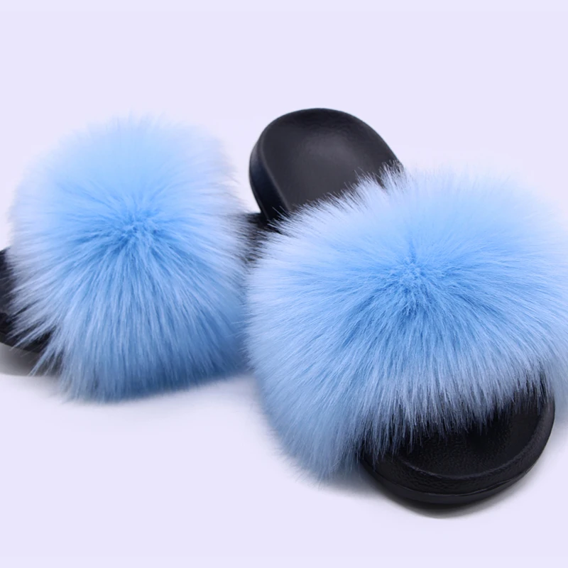 Women\'s Summer Faux Fur Fox Fur Slippers Fashion Luxury Indoor and Outdoor Non-Slip Solid Color Flat Bottom Furry  Sandals