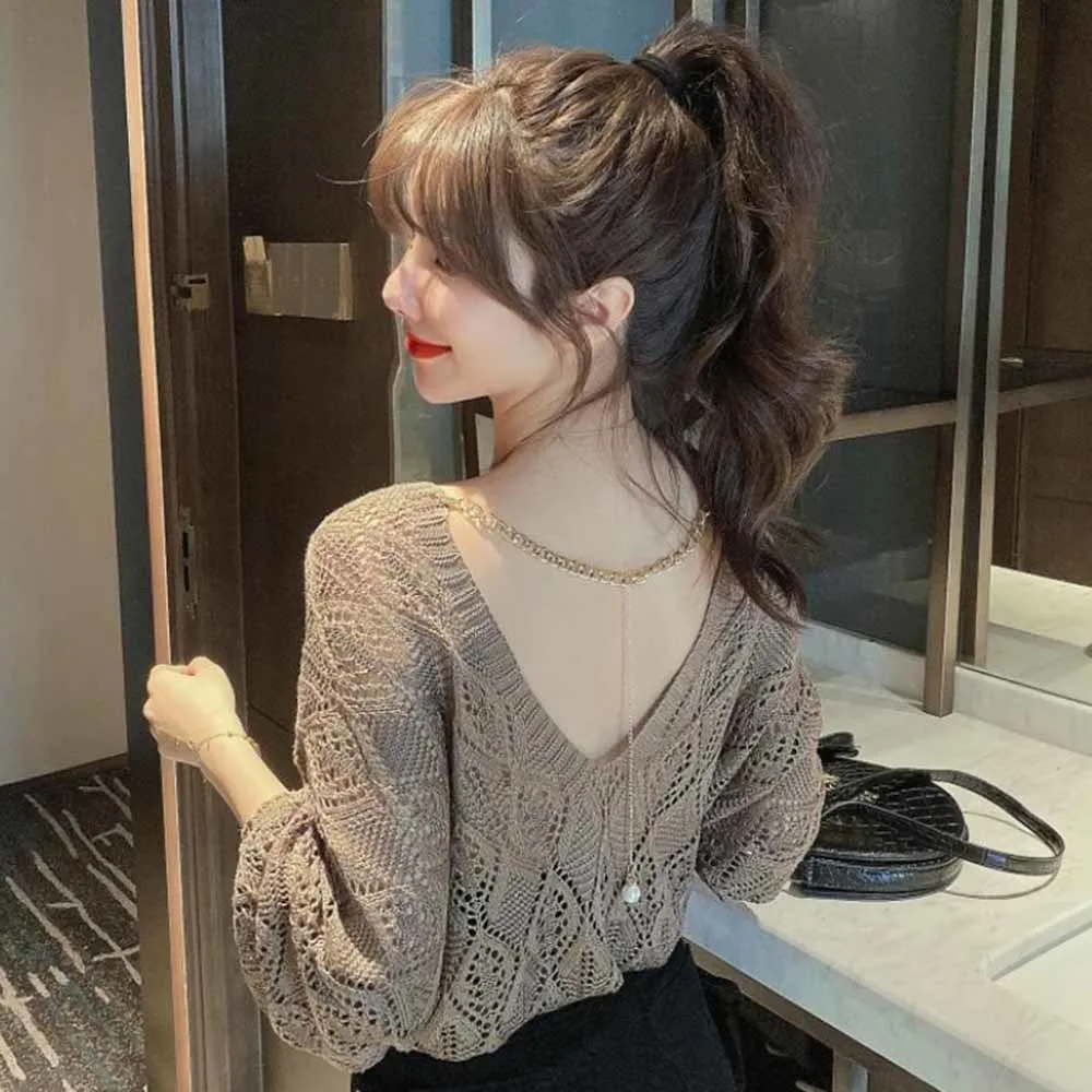 

Solid Color Pullover Hollow Loose Thin Knitted Sweater Top Women's 2022 Summer Korean-Style Long-Sleeved Sweater